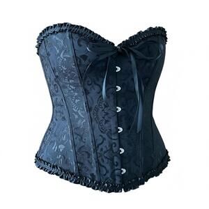 Black Brocade Corset XL  Gothic Waist Cincher Bustier with Modesty Panel Fit M/L